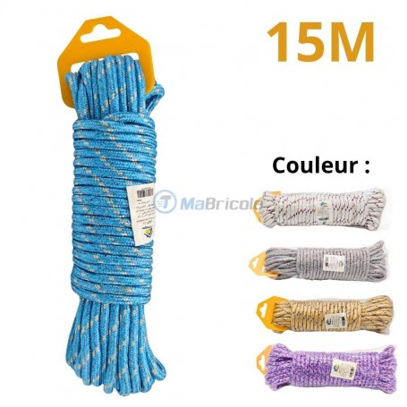 Corde à linge bleue en nylon de 15 mètres, autres couleurs disponibles en bas à droite.