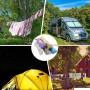 Corde à linge en nylon colorée utilisée dans différents contextes extérieurs comme camping, camping-car et jardin.