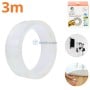Ruban adhésif transparent double face réutilisable, présenté en rouleau avec exemples d'utilisations sur murs et objets.