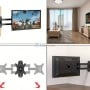Support mural noir orientable avec téléviseur fixé, démonstration d'usage dans un salon et schéma technique de rotation.