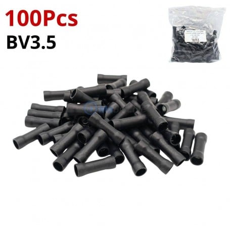 Lot de 100 connecteurs de fil noirs isolants BV3.5, avec un sac plastique en arrière-plan.