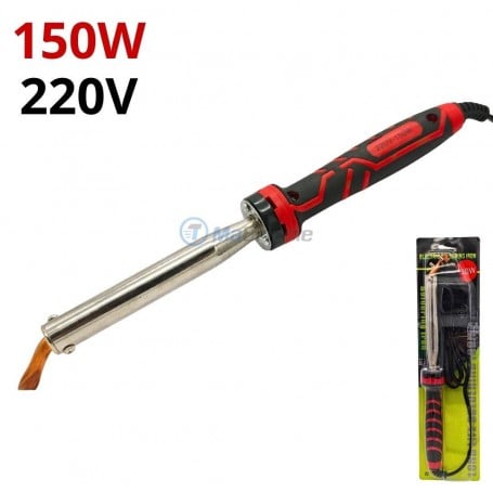 Fer à souder 150W 220V avec poignée rouge et noire, tête plate coudée, témoin lumineux.