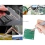 Collage de plusieurs images montrant un fer à souder en usage pour des circuits électroniques sur différents supports.