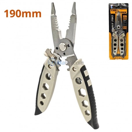 Pince à dénuder multi-fonctions de 190 mm avec poignées grises et noires et embouts en métal.