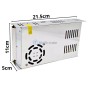 Bloc d'alimentation métallique avec ventilateur, dimensions 21,5 x 11 x 5 cm, ouvertures de ventilation sur les côtés.