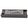 Transformateur LED métallique gris avec bornes transparentes et ventilation supérieure, sortie 12V DC 5A