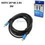 كابل HDMI أسود بطول 3 أمتار مع طرفين أزرقين، مع عبوة المنتج في الخلفية