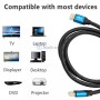 كابل HDMI أسود مع موصلات زرقاء يشير إلى دعم 4K، مع صور لأجهزة متوافقة مثل تلفاز ولابتوب وشاشة وأجهزة دي في دي وبروجكتور.