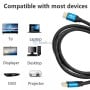 كابل HDMI عالي السرعة بطول 10 أمتار مع وصلات زرقاء، معروض بجانب صور لأجهزة متوافقة مثل التلفزيون واللابتوب والدي في دي.