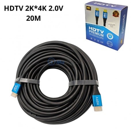 Câble HDMI noir enroulé et sa boîte bleu et blanc avec indications HDTV 4K 20 mètres