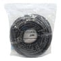 Câble HDMI noir enroulé dans un sachet plastique transparent avec étiquette indiquant 20 mètres
