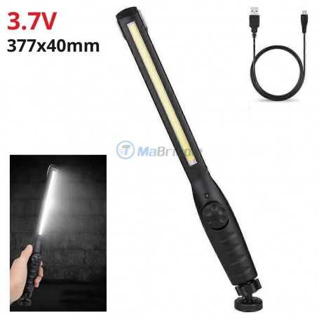 Lampe torche LED longue et étroite noire avec base magnétique, câble USB de recharge et démonstration d'éclairage