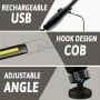Lampe torche noire rechargeable USB, avec crochet et base magnétique pivotante à 360 degrés
