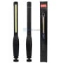 Lampe torche LED noire allongée avec base magnétique, vue de face, de dos et dans son emballage.