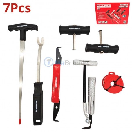 Kit professionnel de démontage de pare-brise avec 7 outils dont fil en acier inoxydable et poignées variées.