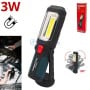 Lampe de travail LED 3W noire avec bouton rouge, aimant et support rotatif, présentée en utilisation et emballage