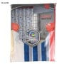 Rideau de douche à rayures bleues, blanches et rouges, emballé transparent en plastique.