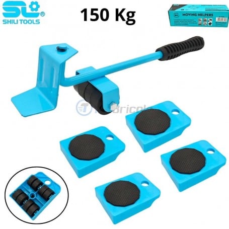 Kit de levage bleu avec palan rotatif et 4 patins à roulettes pour déplacer des meubles lourds jusqu'à 150 kg