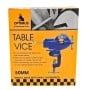 Boîte orange avec image d'un étau bleu pivotant de 50 mm et texte en anglais OPTIMUS Table Vice 50MM