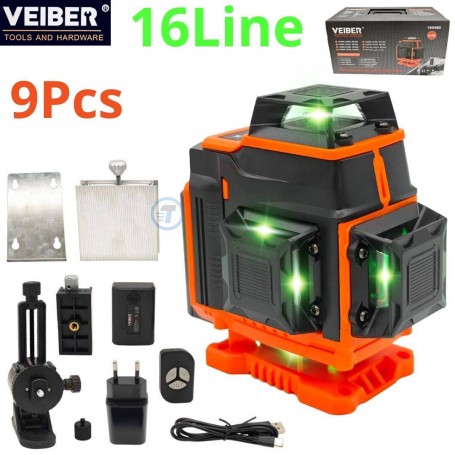 Niveau laser professionnel noir et orange avec accessoires et valise, émission de 16 lignes laser vertes