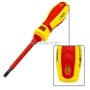 Tournevis testeur plat avec manche jaune et rouge, aimanté, détail de la fenêtre de test sur le manche