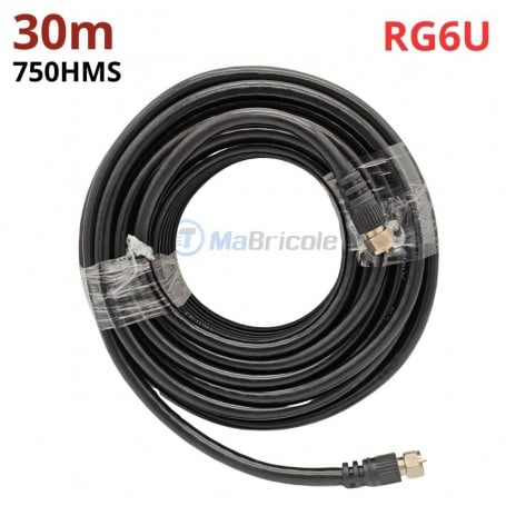 MaBricole | نعمة نور | Accessoires d'électricité | Câble coaxial RG6U 75 Ohms avec connecteurs F vissés longueur 30 mètres compatible avec Smart TV et TV Pro NAMA NOOR