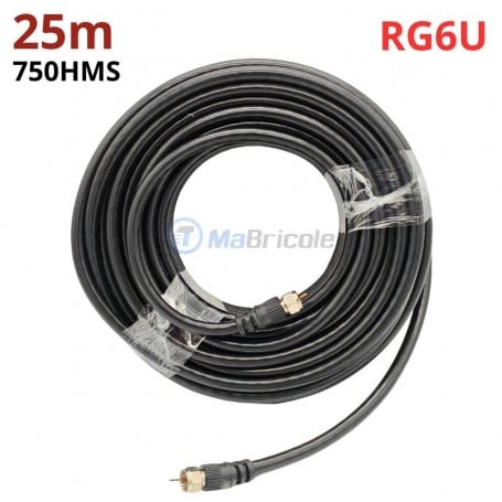 MaBricole | نعمة نور | Accessoires d'électricité | Câble coaxial RG6U 75 Ohms avec connecteurs F vissés longueur 25 mètres compatible avec Smart TV et TV Pro NAMA NOOR