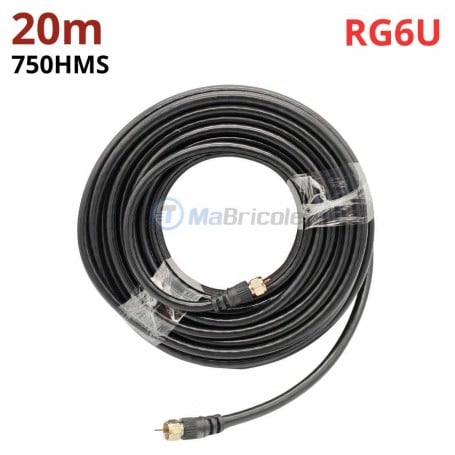 MaBricole | نعمة نور | Accessoires d'électricité | Câble coaxial RG6U 75 Ohms avec connecteurs F vissés longueur 20 mètres compatible avec Smart TV et TV Pro NAMA NOOR