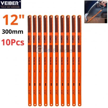 Lot de 10 lames de scie à métaux orange de 30 cm avec inscription Veiber, en acier bi-métal.
