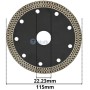Disque diamant noir de 115 mm de diamètre avec bordure diamantée pour découpe de matériaux.