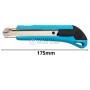 Cutter utilitaire avec lame en métal et poignée bleue et noire de 175 mm de longueur.