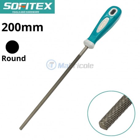 Lime à aiguille ronde de 200 mm avec manche ergonomique bleu et blanc, gros plan sur la surface abrasive.