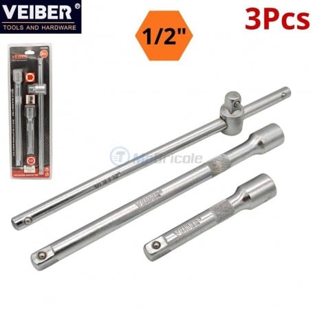 Jeu de trois rallonges de douilles en acier chromé de taille 1/2" de la marque VEIBER