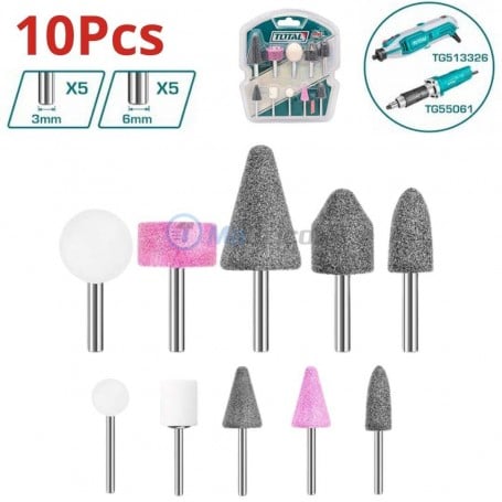 MaBricole | TOTAL | Pour perceuse et visseuse | Jeu de 10 meules pierres abrasives à tige 3-6mm TOTAL | TAKB1001