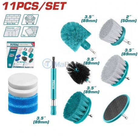 Ensemble de 11 brosses de nettoyage de différentes formes et tailles, avec embouts hexagonaux pour perceuse.