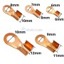 Différentes cosses électriques en cuivre avec indications des dimensions du trou et de la longueur