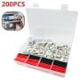 Coffret transparent ouvert contenant 200 cosses à sertir et gaines thermo-rétractables rouges et noires