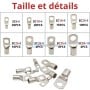 Différents types de cosses à sertir en métal avec leurs tailles et quantités indiquées en texte au-dessus.