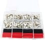 Coffret transparent avec 200 cosses à sertir en métal et gaines thermo-rétractables rouges et noires