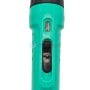 Zoom sur le bouton marche/arrêt et le témoin lumineux d'un fer à souder vert turquoise.
