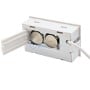 Mini thermomètre numérique blanc avec couvercle ouvert montrant deux piles bouton et une sonde filaire