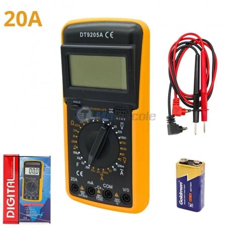 Multimètre digital DT9205A avec écran LCD, câbles de test rouges et noirs, pile 9V et boîte de rangement.