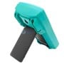 Vue arrière d'un multimètre digital avec support déplié, boîtier turquoise.