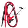 Câbles de test rouge et noir pour multimètre, longueur 74 cm, avec pointes et connecteurs adaptés.