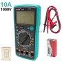 Multimètre numérique avec écran LCD, câble de test rouge et noir, pile 9V et boîte d'emballage.