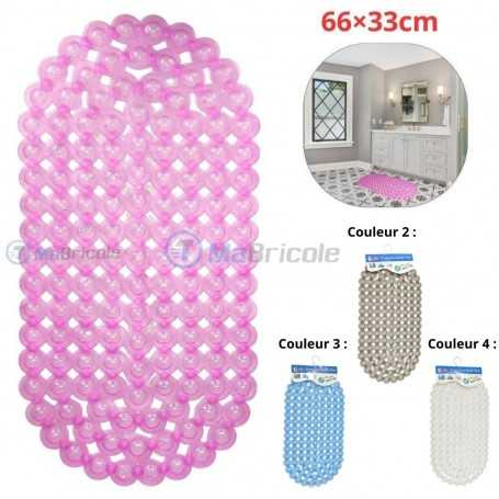 Tapis de bain antidérapant en PVC rose transparent avec trous, dimensions 66x33 cm, en situation dans une salle de bain.