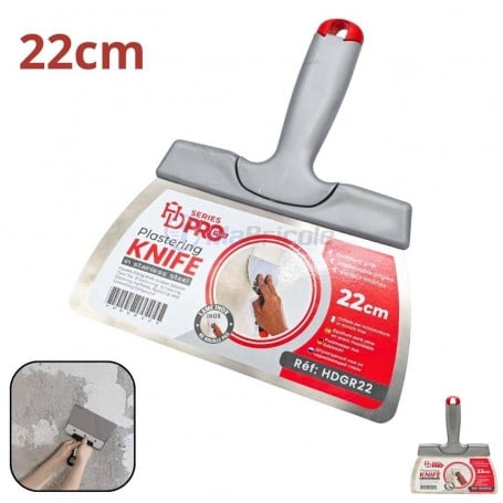 Couteau à plâtrer en acier inoxydable 22 cm avec manche gris et embout rouge, étiquette produit visible