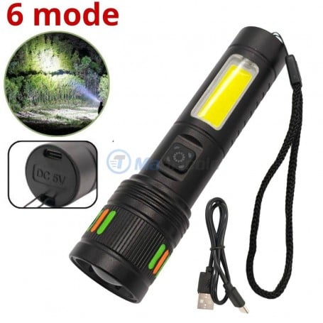 Lampe torche LED noire avec zoom, câble USB Type C, et dragonne, affichant six modes d'éclairage