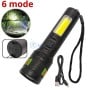 Lampe torche LED noire avec zoom, câble USB Type C, et dragonne, affichant six modes d'éclairage