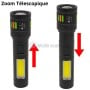 Lampe torche LED noire avec zoom télescopique montrant les positions de réglage.